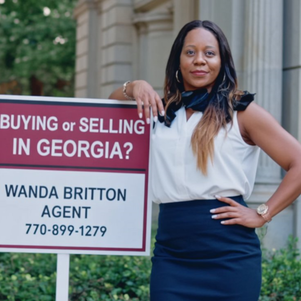Image of Lady standing next to a Real estate sign