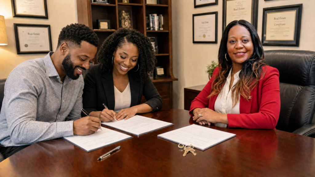Real Estate Agent Wanda Britton at closing Table going over steps to homeownership in South Metro Atlanta Ga with 2 first time home buyers.