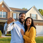 steps by step guide to buying first time home in south metro atlanta woman and man standing in front of their new home holding keys