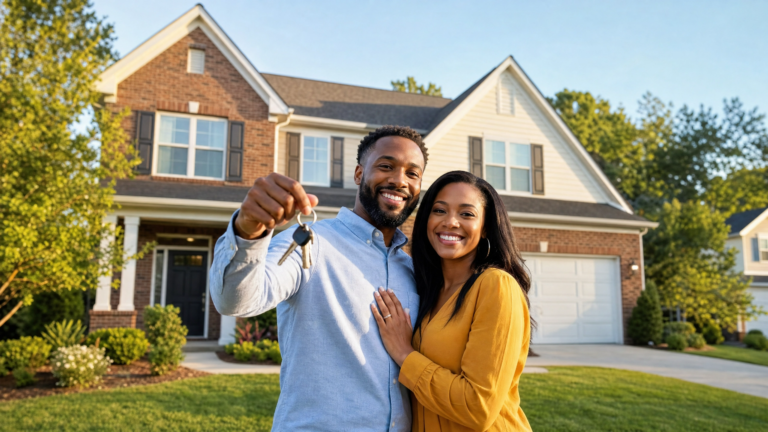 steps by step guide to buying first time home in south metro atlanta woman and man standing in front of their new home holding keys