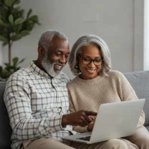 confused couple looking at laptop