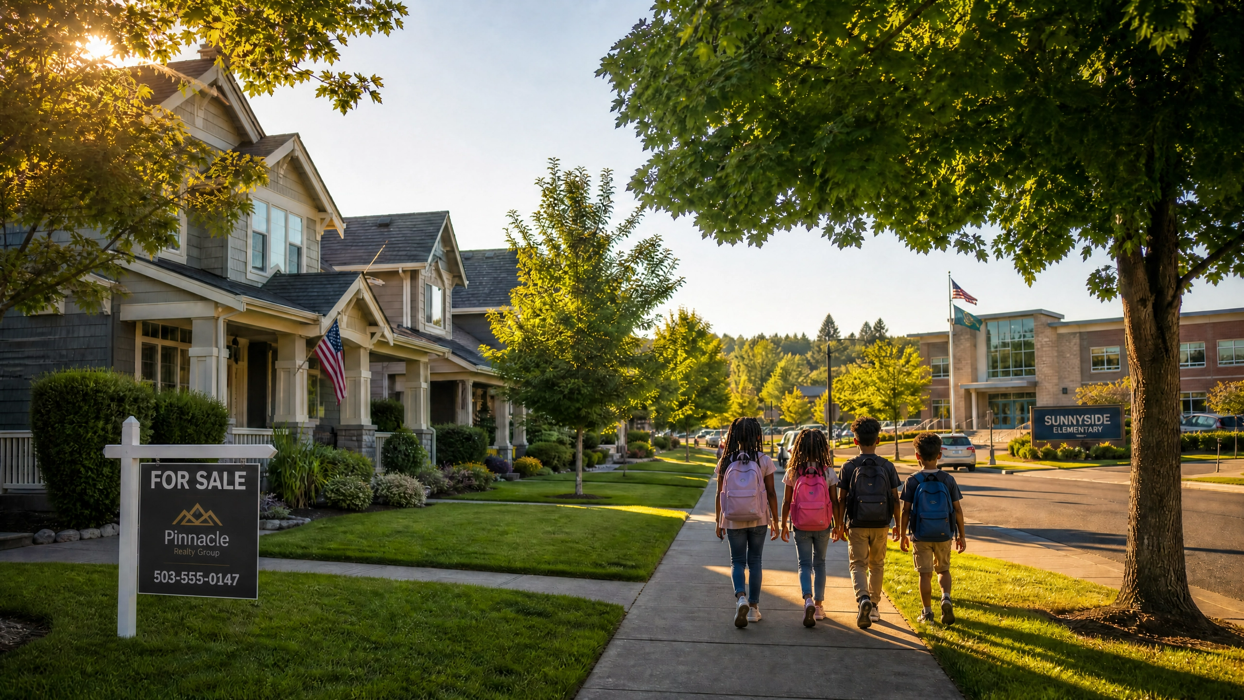 image of children walking to school near neighborhood.